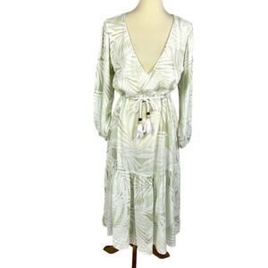 Cynthia Rowley Linen Blend Kaftan Midi Dress Cover Up Tropical Beach Green Small